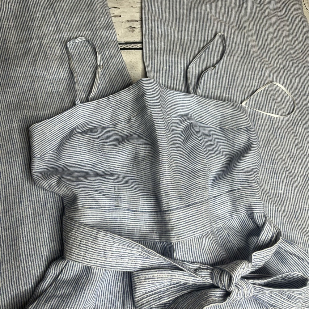 J. CREW Blue Striped Tie Waist Linen Jumpsuit Size 2 - Picture 4 of 12